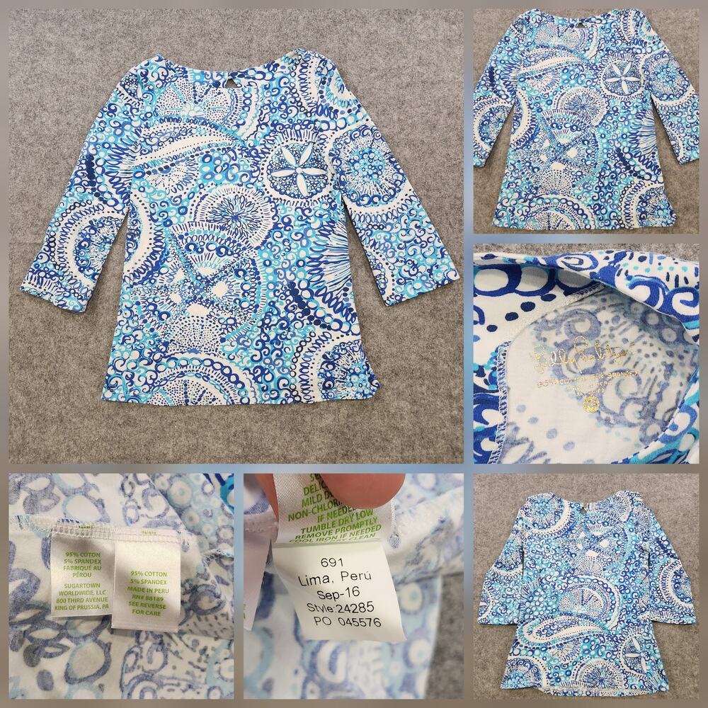 Lilly Pulitzer Shirt Womens‎ XS Waverly Midnight Blues 3/4 Sleeve Print Top
